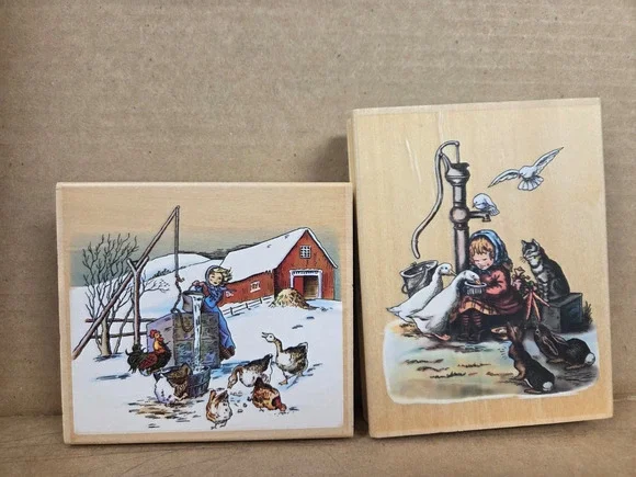 Tasha Tudor Rubber Wooden Block Rubber Ink Stamp Christmas Holiday Winter Set