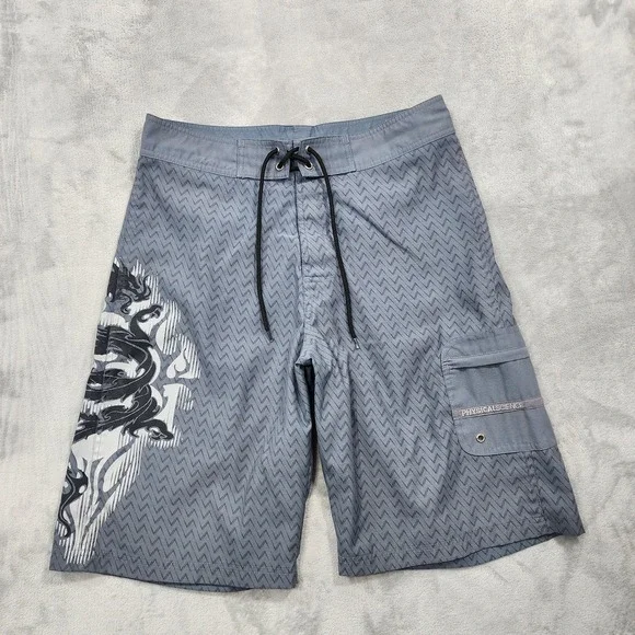 Physical Science Board Shorts Mens 32 Gray Chevron Tribal Dragon Cargo Beach Y2K