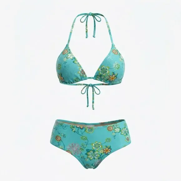Pan Dulce Aqua Floral Sequin Bikini Set (Medium / 11/12 Top & 9/10 Bottom)