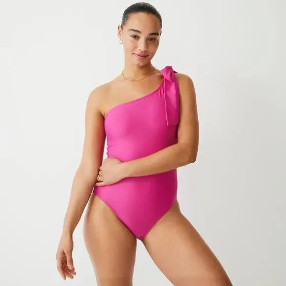 NWT J.Crew Women's Pink Bow High-rise Back One-shoulder One-piece Size 12