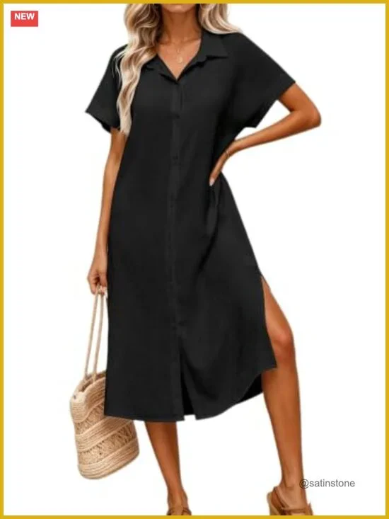 Button Down Short Sleeve Swimsuit Coverup Dress