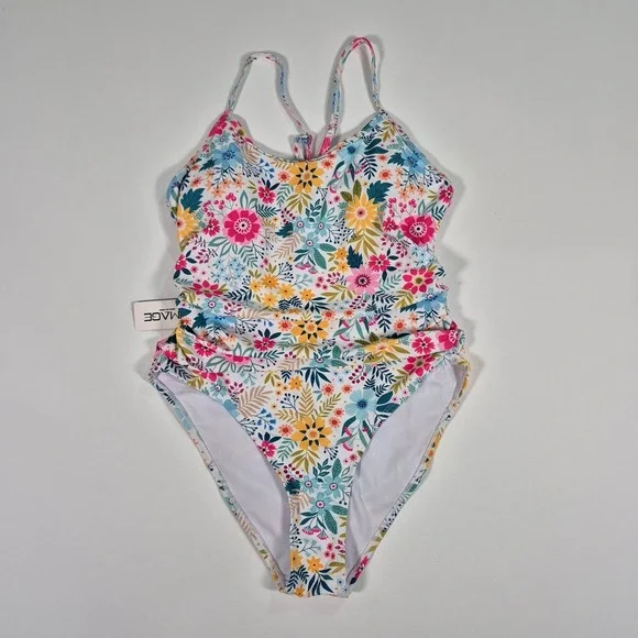 Aimage Floral One Piece Swimsuit Ruched Cutout Back Multicolor‎ NWT Size Medium