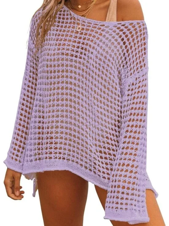 Women's Purple Hollow Out Knit Crochet Imported Polyester Swim Cover Up