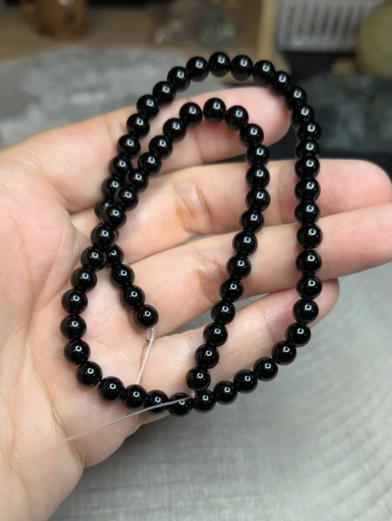 #3- 6mm Glossy Black Glass Beads Strand - 15 Inch