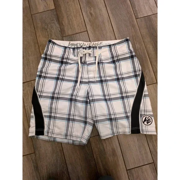 American Eagle Mens Board Shorts XL Plaid White Black Blue Swim Trunks 54485