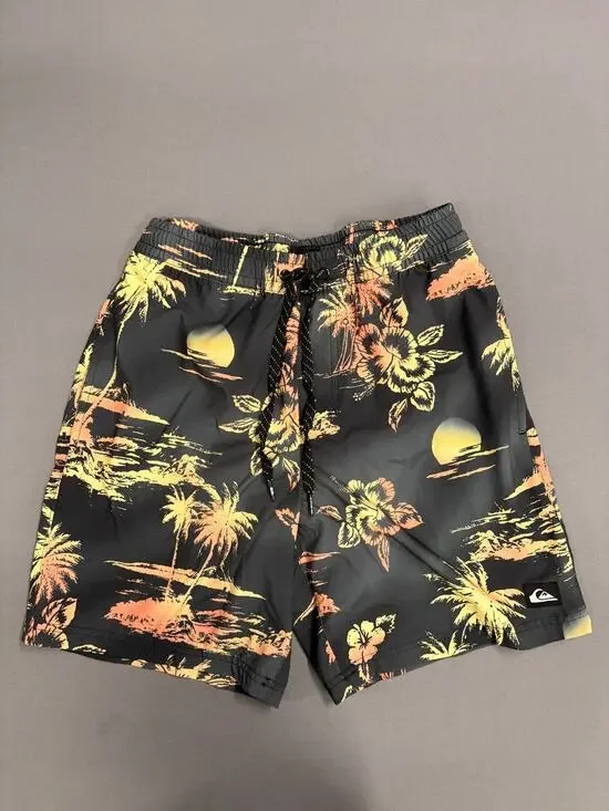 Quicksilver Men’s Swim Trunks SM Black Floral Board Shorts Lined Elastic Waist