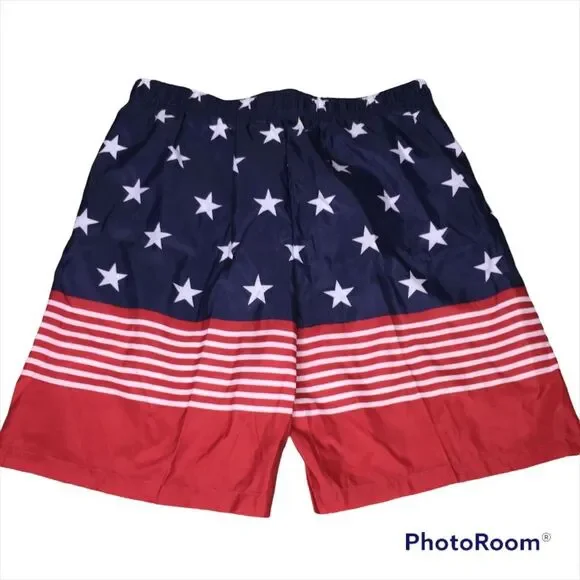 NWOT Patriotic Swim Trunks XL Stars America 4th July Flag USA Red White Blue