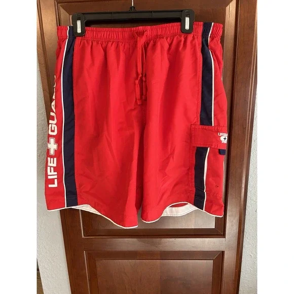 Vintage Speedo LIFE GUARD Red W/ Side Stripes Mesh Lined Swim Trunks Men's Large