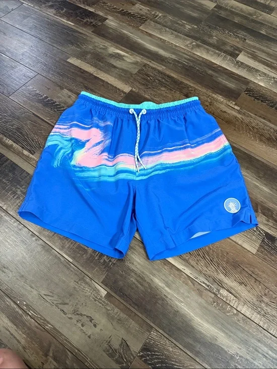 chubbies Blue Swim Trunks with Pink and Aqua Stripe