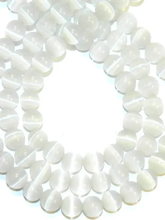 White 8mm Round Fiber Optic Cat's Eye Glass Beads 14