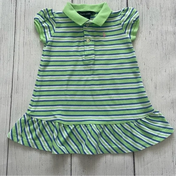 Ralph Lauren Green and Blue Striped Ruffle Hem Polo Dress Size 18 months