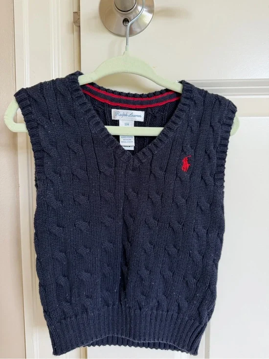Ralph Lauren Navy Cable Knit V‑Neck Vest with Red logo