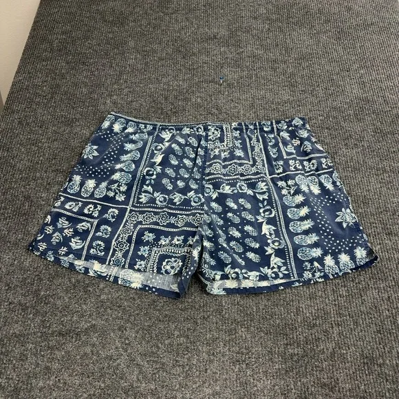 Pacific Scene Swim Shorts Men 3X Blue Cotton Blend Bandana Pineapple Print Retro