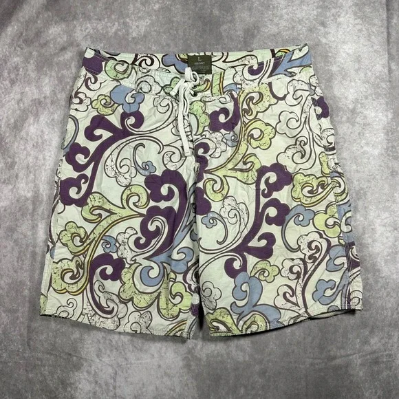 Old Navy Mens L Green Purple Paisley Swirl Swim Trunks Mesh Liner Board Shorts
