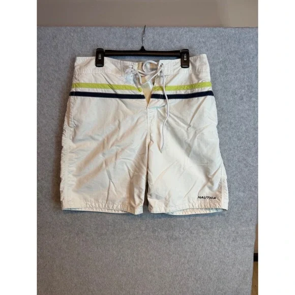 Nautica Mens White Board Shorts Size 32 Striped Swim Trunks Nylon VDR 335 208
