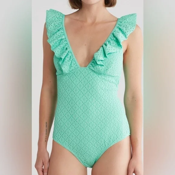 Betsy Johnson Ruffle Swimsuit. Biscay Green. Size Medium. NWT