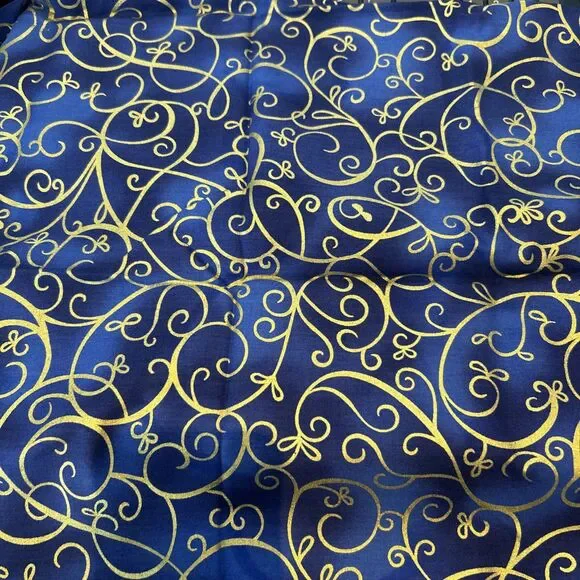 Timeless Treasures Blue & Gold Shimmer Scroll Cotton Quilting Fabric 37