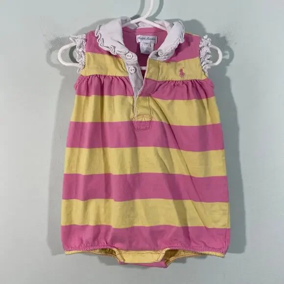 Ralph Lauren Pink & Yellow Ruffles Collared Sleeveless Romper Size 18M