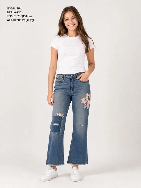 Polo Ralph Lauren Light Wash Patchwork Detail Fray Hem Flare Jeans Size 16 Kids