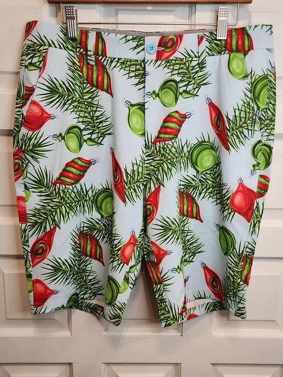 HERESKI Men's Holiday Ornament Swim Board Shorts Blue Red & Green & Pine Boughs