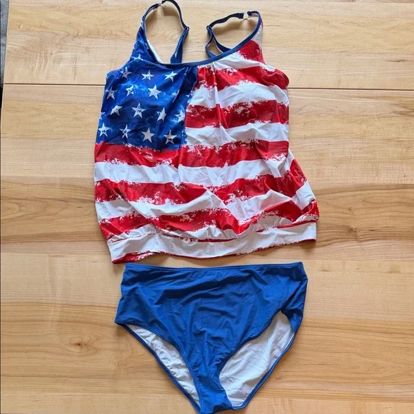 American Flag Tankini Swim Set - Blue, Red & White