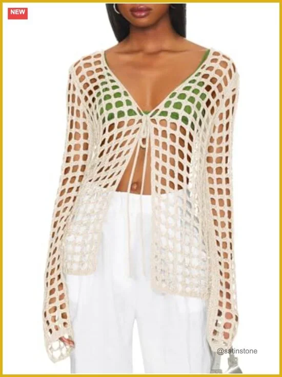 Long Sleeve Crochet Knit Cardigan Swimsuit Coverup Tie Front Beach Outerwear