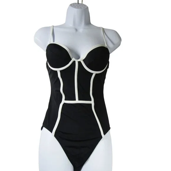 VINTAGE Retro 6 Pinup 80s Shape FX Black white Swim Suit Minimalist One Piece