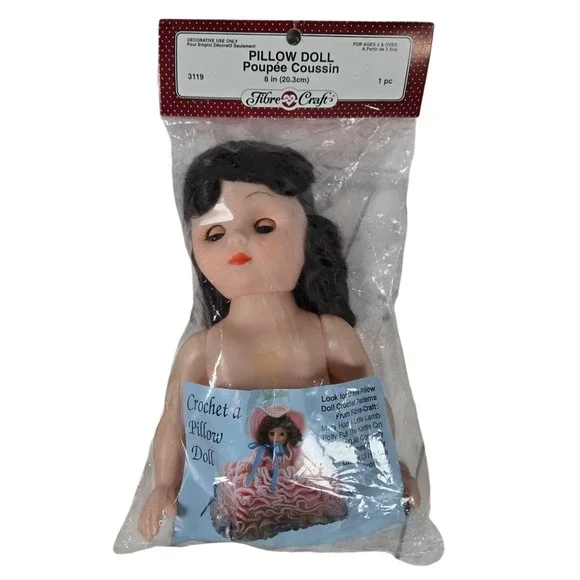 Fibre Craft Pillow Doll 8in Blue Eyes Brunette Crochet Pattern Base 3119 Vintage