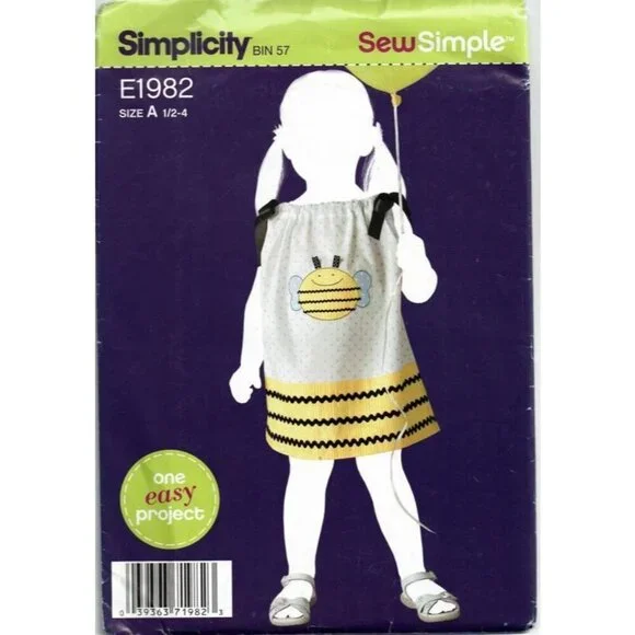 Simplicity E1982 Toddlers Dress Sewing Pattern Applique Design Size A (1/2-4)‎