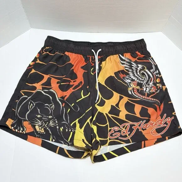 Ed Hardy Panther Swim Trunks Shorts Men's L Black 5” Inseam Nova Men