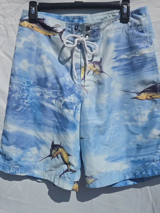 Nautica Light Blue Mesh-Lined Swim Shorts with Navy Logo Tab 30w