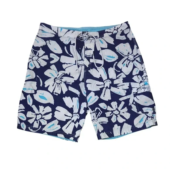 Tommy Hilfiger Floral Board Shorts Mens Large Swim Trunks Navy White Y2K Surf