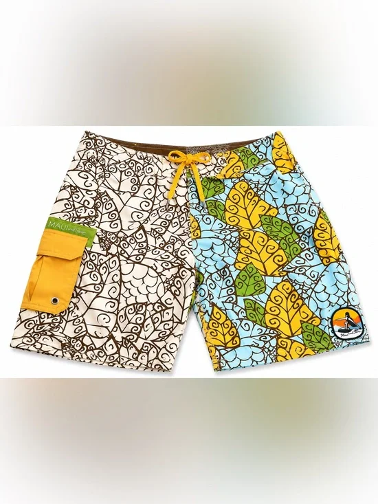 Ocean Pacific Maui and Sons Two-Tone Leaf Print Boardshorts - Yellow Blue White