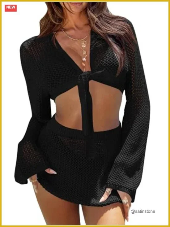 Crochet Swimsuit Coverup 2 Piece Crop Top Mini Skirt Set