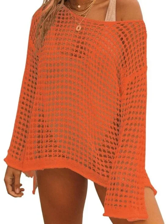 Women's Orange Hollow Out Knit Crochet Imported Polyester Swim Cover Up
