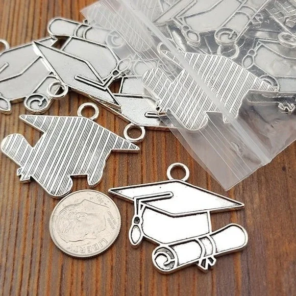 4pcs Graduation Cap &‎ Diploma Charms, silvertone metal