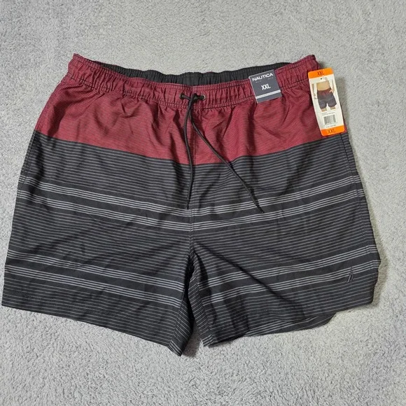 Nautica Mens XXL Swim Trunks Red Black Striped Colorblock Board Shorts TC7317