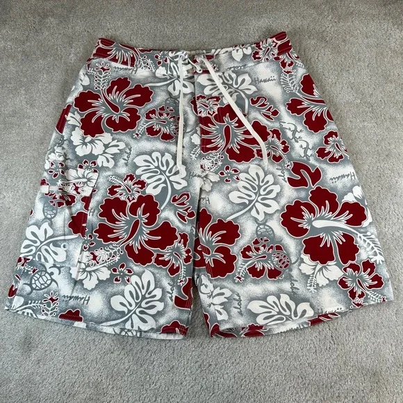 Vintage M.V Fashion Board Shorts Mens 33 Red Tropical Hibiscus Floral Swim Trunk