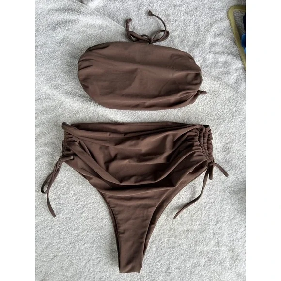 Unbranded Bikini Set Women Size M Brown EUC Ruched High Waist Bandeau 2pc Beach