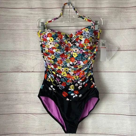 Anne Cole Black Colorful Floral Swimsuit Attachable Halter Strap Size 10