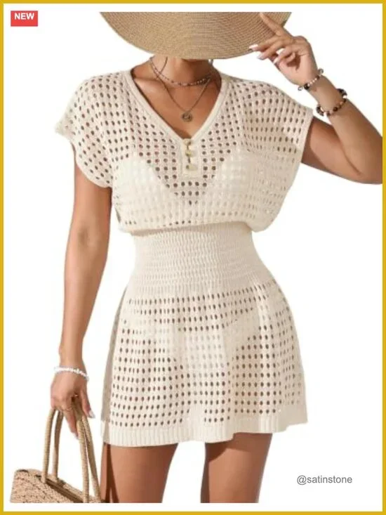Women Crochet Mesh Beach Cover Up Mini Dress V Neck Cap Sleeve