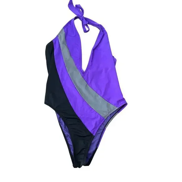 ICON Swim Purple High-Cut Cheeky Plunge Halter One-Piece Swimsuit Size XXL