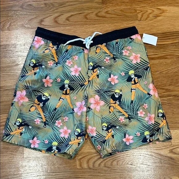 Anime Print Men's Medium Swim Trunk Shorts olive green new w tag