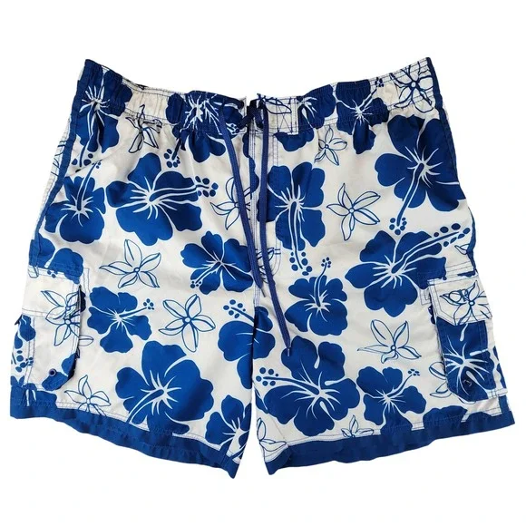Ocean Pacific Mens XL Hibiscus Floral Swim Trunks Lined Blue White Cargo Pockets