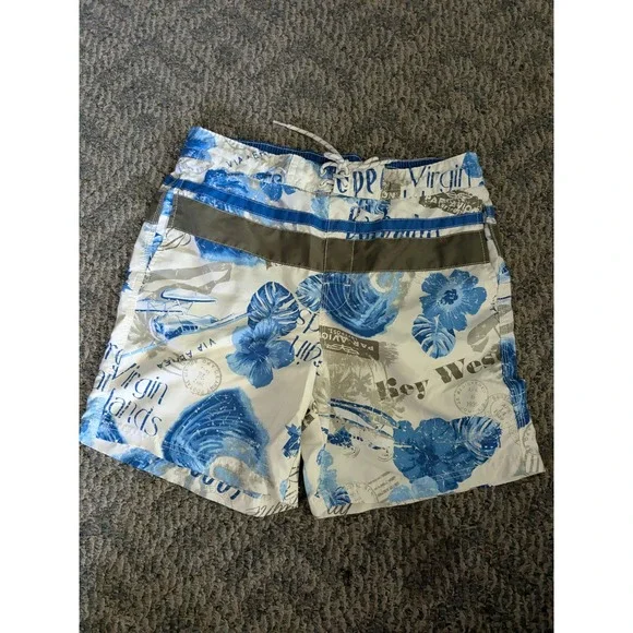 Caribbean Joe Mens Blue Tropical Postcard Floral Swim Trunks Board Shorts Large