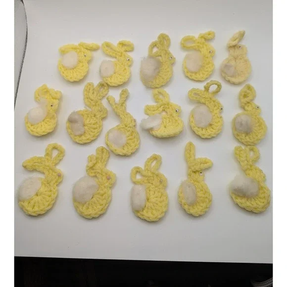 Lot of 16 Vintage Handmade Crochet Yellow Bunnies‎ Rabbits Pastel Easter Spring