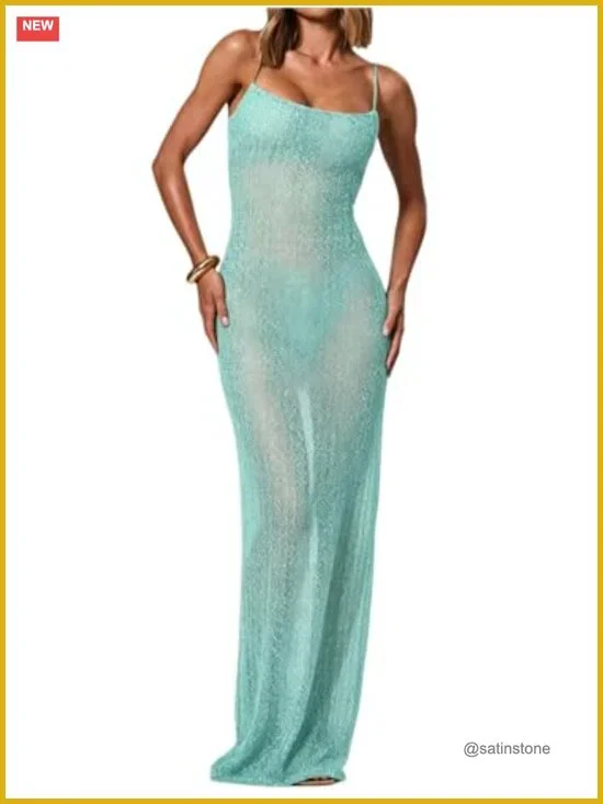 Sequin Mesh Sleeveless Square Neck Maxi Cover Up Dress