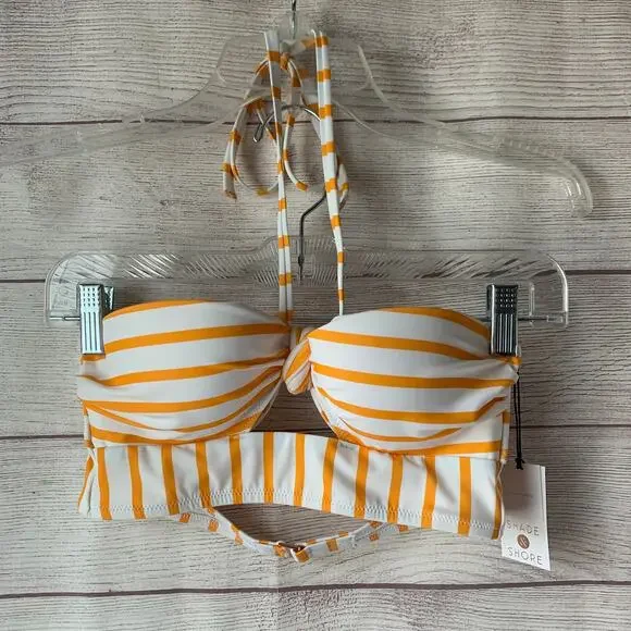 Shade & Shore Yellow and White Stripe Bikini Top Front Keyhole Halter Straps 34A