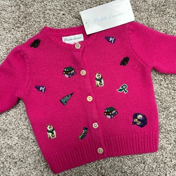 NWT‎ Ralph Lauren Embroidered Wool Blend Cardigan Baby Size 3M Pink Prep School