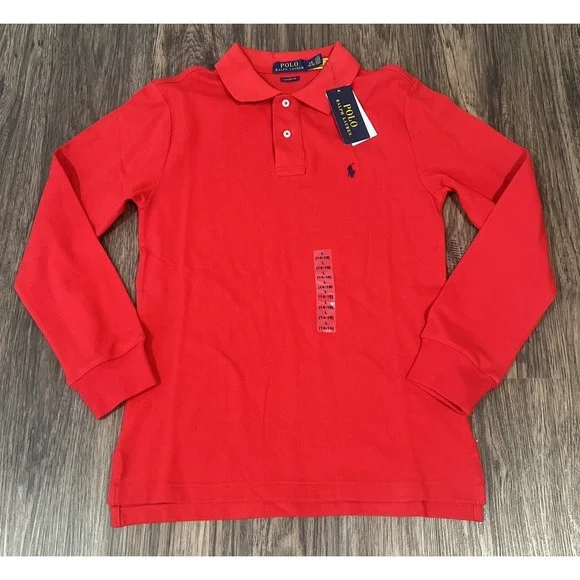 Polo Ralph Lauren Kids Long Sleeve Classic Red Mesh Polo Shirt Size L (14-16)